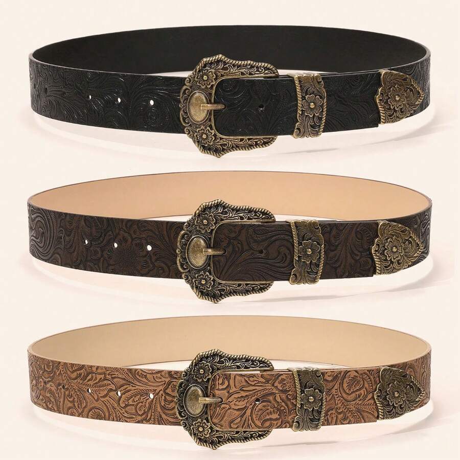 1PCS Fashion Retro Print Pattern Texture Niche Pin Buckle Wide Belt For Women Simple Artistic Versatile Belt - 黑色 - 查看 1