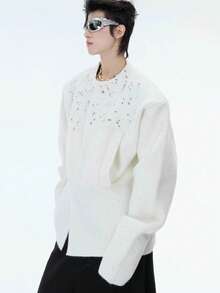 Cárdigan holgado con destellos de diamantes, estilo casual chic - Blanco - Ver 2