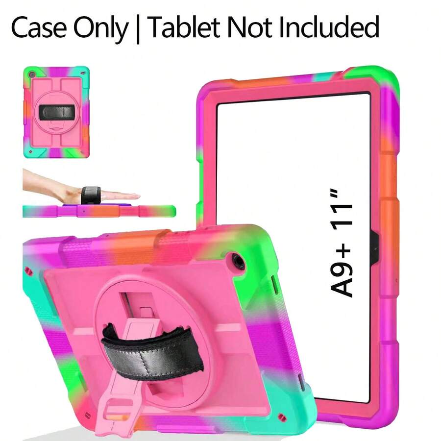 1pc Shockproof Tablet Case For Tab A9+ Plus 11 Inch 2023 (X210/X216/X218) With Rotating Stand And Hand Strap, Black; Tablet Case Compatible With Ipad (A16) 11th Gen 11 Inch 2025 / IPad 10th Gen 10.9 Inch 2022 With Pencil Slot, Hybrid Protective Cover With Pencil Slot; Compatible With Ipad 9th/8th/7th Gen And IPad 10.2 Inch 2019-2021 - Black & Green - Colorful Rose Red - View 1
