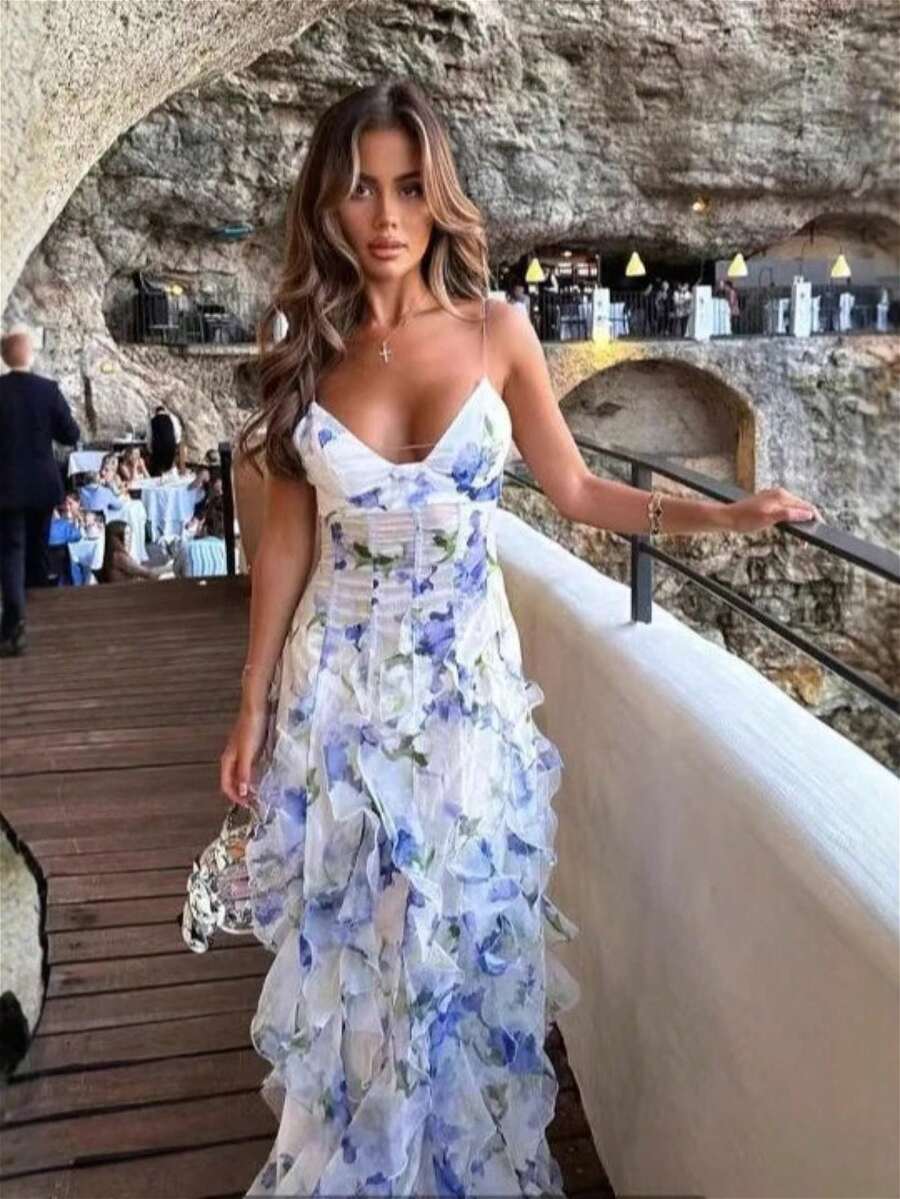 Women's Dress, Spring And Summer New Style, Off-Shoulder Women's Wear, Fashionable, Chiffon Ethereal, Halter, Elegant Evening Gown, Dress - 藍色 - 查看 1
