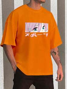 Y2K Anime Eye Print Oversized T-Shirt, Loose Fit, Premium Soft Fabric, Summer/Spring - 橘色 - 查看 1