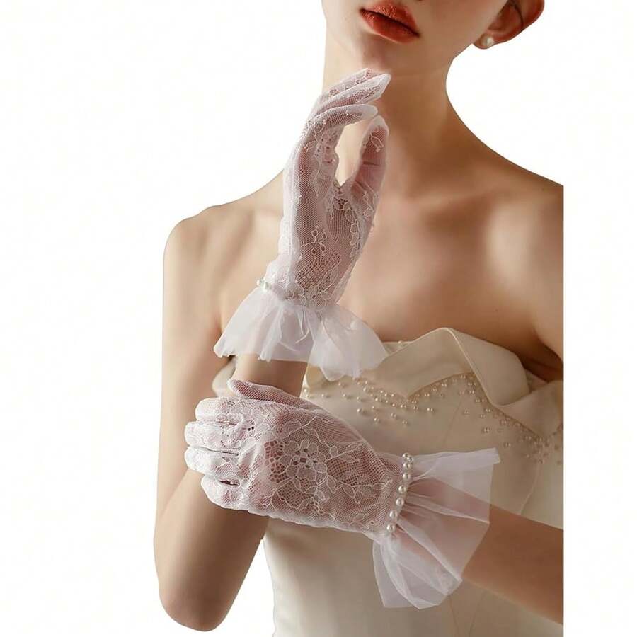 Short Lace Mesh Gloves Tulle Border With Pearls Wedding Opera Tea Party Gloves For Women Formal,OneSize,White - White - View 1
