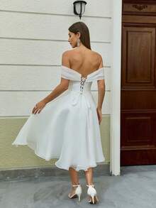 YUMIBRAVO 优雅新娘婚纱，露肩婚纱，褶皱胸部蓬蓬裙，白色女士正式礼服，侧开衩舞会礼服 - 白色 - 查看 12