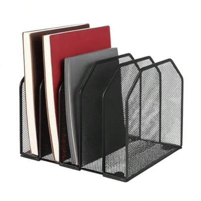Desk File Organizer Vertical 5 Sections Metal Adjustable Magazine Holder Upright Desktop Bookshelf Organizer Stand File Sorter Office Desk Accories Black