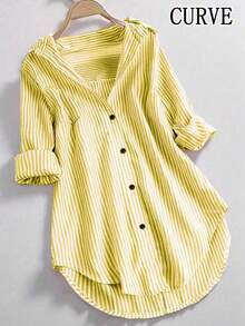 Plus Size Women Striped Long Sleeve Collared Button-Up Shirt, Autumn - Yellow - View 1