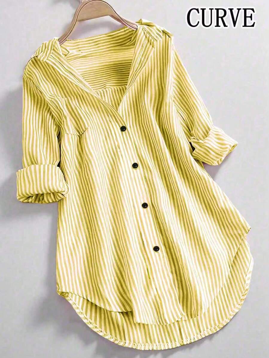 Plus Size Women Striped Long Sleeve Collared Button-Up Shirt, Autumn - Yellow - View 1