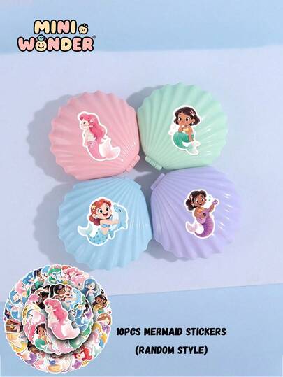 1把儿童可折叠贝壳形ABS梳子 + 10张随机美人鱼贴纸，便携旅行梳，适合日常护发、旅行、海滩、居家使用，是送给孩子的理想礼物