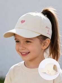 1 chiếc mũ lưỡi trai trẻ em 3-8 tuổi thêu hình trái tim, phù hợp để buộc tóc đuôi ngựa, mũ chống nắng dễ thương, kiểu dáng thường ngày cho mùa xuân/hè. - Yêu - Xem 9