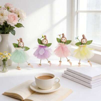 Fairy Tale Style Tulle Skirt Decor Set - 4 Color Dreamy Tulle Skirt + Green Leaf Wings, Flower Holding Soft Plush Doll, Bedroom Desk Decoration / Girly Desk Accessory, Fairy Tale Themed Room Decor, Healing Small Gift