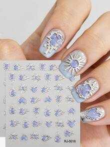2pcs Valentine's Day 5D Embossed Jelly Heart Nail Stickers With Floral Design Spring/Summer Silver Chrome-Plated Blue Sun Geometric Nail Art Perfect For Women's Daily Dates DIY Nail Decoration Nails - Mint Blue - View 1