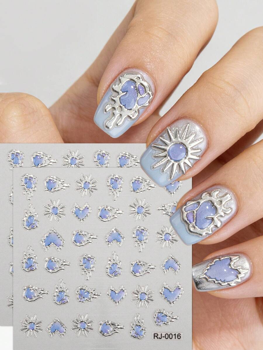2pcs Valentine's Day 5D Embossed Jelly Heart Nail Stickers With Floral Design Spring/Summer Silver Chrome-Plated Blue Sun Geometric Nail Art Perfect For Women's Daily Dates DIY Nail Decoration Nails - Mint Blue - View 1
