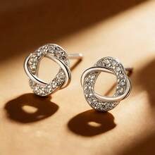 1 Pair S925 Sterling Silver Geometric Wrap Design Stud Earrings With Synthetic Zirconia, Elegant Luxury Jewelry Gift For Her - Silver - View 4