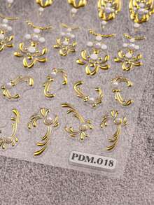 4片装斋月主题浮雕美甲贴纸 - 复古波西米亚箔珠花卉图案，适合日常、婚礼、节日等场合，简约奢华风格，易于粘贴的美甲贴片 - 彩色 - 查看 5