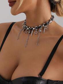 1件朋克哥特金属五芒星流苏皮绳项链 - 奢华女士魅力饰品，适合日常和派对佩戴