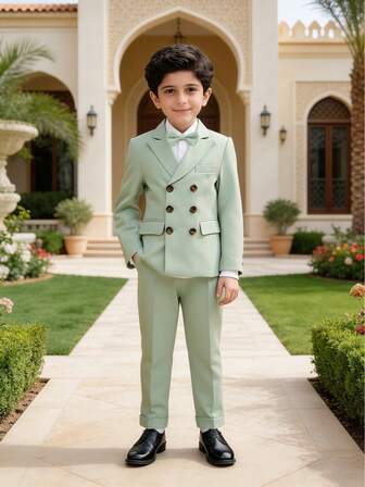 三件套男童西装套装，新款花童婚礼正式服装，适合幼儿、小童、大童、青少年穿着的演出服，包含西装外套、裤子和领结。