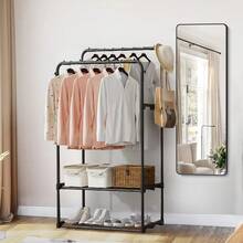 LIVINGANDHOME Living And Home  Sturdy Metal Clothes Rack Double Rod Design With Side Bars Hooks For Garments Towels Bags Storage Holiday - 黑色 - 查看 5