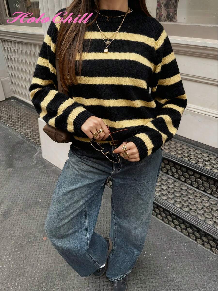 HoloChill 女款年輕網紅休閒風圓領對比色條紋套頭針織毛衣,2026夏季休閒開學季新品 - 黑色 - 查看 1