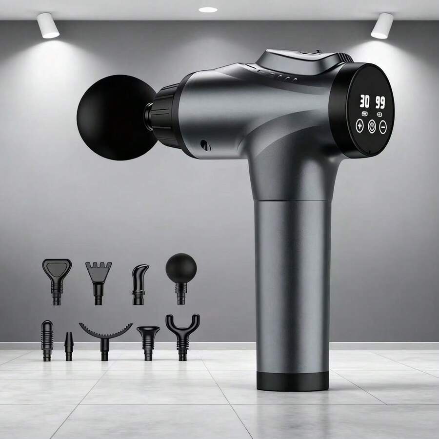 Massage Gun,Mini Portable Electric Fascia Body Massage Gun,Compact Travel Tool, Relaxation And Massage Device,Muscle Massage Gun For Athletes Handheld Electric Deep Tissue Back Massager, Percussion Massage Device For Pain Relief With 30 Speed Levels 9 Heads,Valentines Gift,Britihday Gifts - 灰色 - 查看 1
