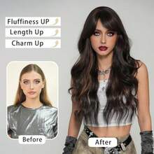 D28 Inch Brown Long Wavy Wig Dark Brown Wig With Curtain Bangs Synthetic Heat Resistant Brown Blonde Highlight Wigs For Women Daily Wear. - 棕色 - 查看 4