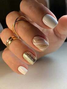 24pcs/Set Medium Square Shiny Colored French Manicure Nail Stickers, Containing Glter, Full Coverage Acrylic False Nails, Inclus 1pc Jelly Gel And 1pc Nail File, Suable For Women And S For Daily Work, Study And Garings - 黃金2 - 查看 1