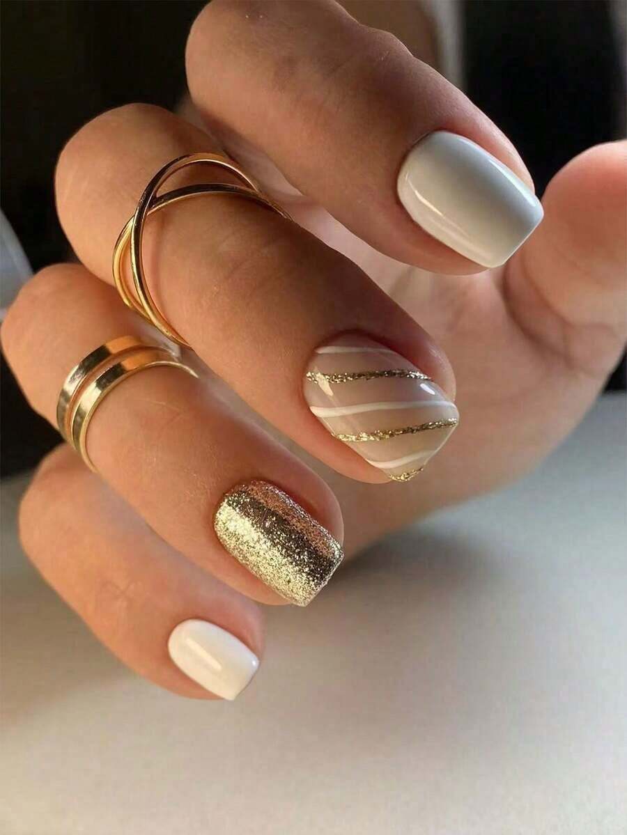 24pcs/Set Medium Square Shiny Colored French Manicure Nail Stickers, Containing Glter, Full Coverage Acrylic False Nails, Inclus 1pc Jelly Gel And 1pc Nail File, Suable For Women And S For Daily Work, Study And Garings - 黃金2 - 查看 1