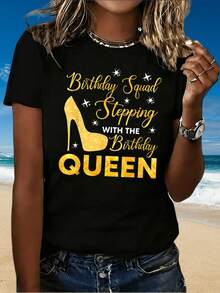 Birthday Stepping With The Birthday Queen T Shirt Women Gold High Heel Design Party Celebration Gift For Birthday Girl - Black - View 2