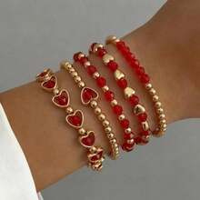 5pcs Vintage Multilayer Red Beaded Heart Charm Bracelet Set, Suitable For Women To Wear On Valentine's Day Dates, A Gift For Her - 彩色 - 查看 1