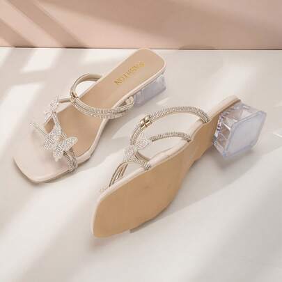 2-2025 Chunky Heel Rhinestone Decorated French Retro Sandals, Suitable For Dresses, Summer