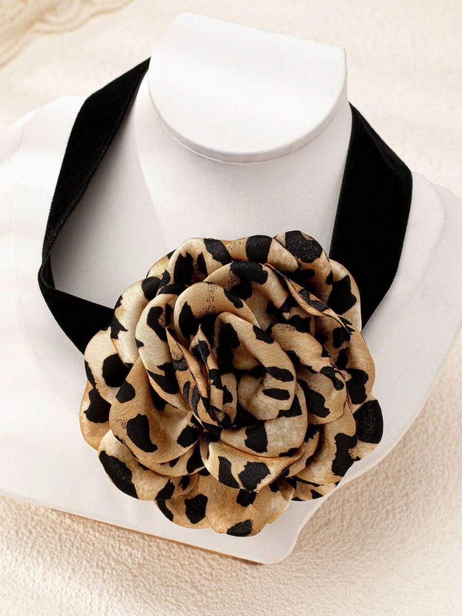 1pc Leopard Floral Choker Necklace, Vintage Chic & Edgy Style Jewelry, Suitable For Party, Daily Wear (OPP Bag Packaging) - Apricot - View 1