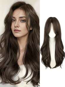 25.5英寸女士棕色刘海假发，长款波浪层次感合成耐热假发，适合日常佩戴和派对场合 - 彩色 - 查看 12