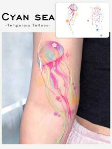 1-2pcs Temporary Valentine's Day Tattoo Sticker, Y2K Style, Colorful Jellyfish Design, Waterproof, Sweatproof, Washable, Non-Reflective, Suitable For Arm And Shoulder Tattoos, Suitable For Individuals, Lasts 3-5 Days. - Multicolor - View 1