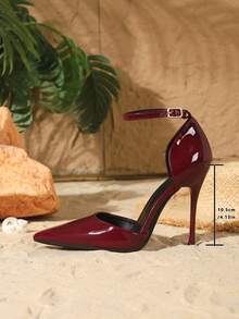 10.5厘米尖头可调节搭扣高跟鞋，性感镜面PU材质细高跟，适合日常、派对、情人节约会、舞会等场合，可搭配女鞋 - 酒紅色 - 查看 5