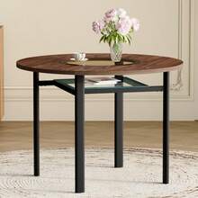 Round Table With A Modern Minimalist Design, 100 Cm In Diameter And A Brown Wood Pattern, Suitable For 2-4 People (With Inset Brown-Grey Glass Top And Metal Stability Frame). - Black+Brown - View 2