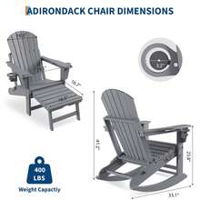 Techigher Folding Adirondack Rocking Chair, Multifunctional Patio Chair With Retractable Ottoman, HDPE Outdoor Lawn Chair With Cup Holders For Porch, Backyard, Pool - Grey - View 2