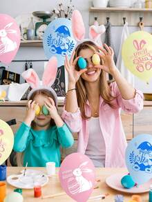 复活节快乐气球，20/30个装，12英寸，浅粉色、蓝色、可爱兔子图案，春季复活节彩蛋派对气球，适合儿童、男孩女孩，可爱彩蛋复活节春季生日派对、婴儿派对装饰 - 彩色 - 查看 4