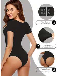 Women's Bodysuit, V-Neck Short Sleeve Slim Fit Tummy Control Basic Top - màu đen - Xem 2