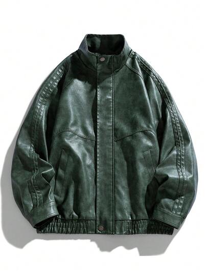 1pc Men's Solid Color Stand Collar Faux Leather Jacket, Comfortable Breathable Durable Wrinkle-Resistant, Soft Supple Faux Leather Material (Wrinkle-Resistant Easy Care), Stand Collar Zipper Closure Design, Decorative Stitching Details, Gathered Hem / Cuff, Loose Fit + Practical Pockets, Suitable For Casual Streetwear, Commuting, Hanging Out With Friends, Light Outdoor Walks, Short Trips