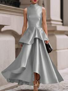Vuslat 女士奢华灰色无袖立领缎面褶裥腰身优雅不对称长款晚礼服，适合正式派对、毕业典礼、聚会、婚礼及其他正式场合，优雅时尚的A字廓形 - 灰色 - 查看 1