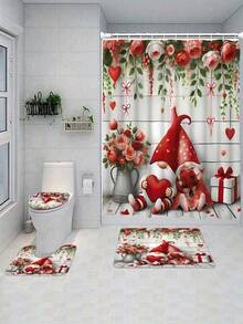 1/4 Piezas Conjunto de decoración del Día de San Valentín, con figuritas de gnomos en pareja con corazón, rosa y patrones florales. Esta adorable y romántica cortina de ducha roja y rosa es lavable, perfecta para la decoración del baño. Incluye 12 ganchos y una alfombra de baño antideslizante, así como una tapa de inodoro en forma de U, convirtiéndolo en un excelente regalo para los seres queridos. - Multicolor - Ver 7