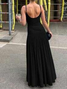 女士时尚无袖方领修身A字迷你连衣裙，梭织面料 - 黑色 - 查看 3