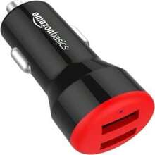 Basics - Adaptador de cargador de coche USB de doble puerto para dispositivos Apple y Android, 4.8 amperios, 24 W, negro y rojo - Negro / Rojo - Ver 3