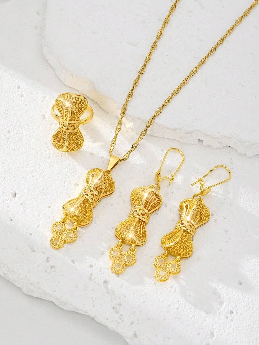 Fashionable & Elegant Luxury Women's Gold Ring, Earrings, Necklace & Pendant Jewelry Set - 3D Design, Exquisite Craftsmanship - Suitable For Women's Daily Wear, Wedding, Gold Jewelry Alternative - Festivals, Ramadan