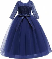 Girls Vintage Floral Lace 3/4 Sleeve Floor Length Dress - Wedding Pageant Formal Evening Gown - 藏蓝色 - 查看 6