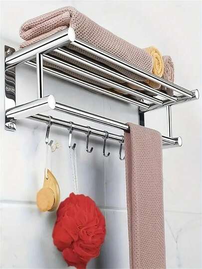 Bathroom Towel Rack - Made Of Rust-Resistant Stainless Steel, With Towel Bar And 5 Hooks, Shower Caddy, Storage Shelf For Towels, Bathrobes, Brushes, Etc.