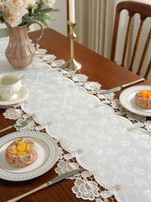Jacquard Satin Fabric, Bicolor Embroidered Lace Trim Table Runner, Dresser Scarf, Doily, Home Decor Flag, Placemat, Suitable For Kitchen, Dining Room, Study, Coffee Table, Dressing Table, Living Room, Bedroom, Patio, Outdoor Furniture, Picnic, Villa, Party And Wedding Decoration, 1pc Table Runner (Various Sizes)