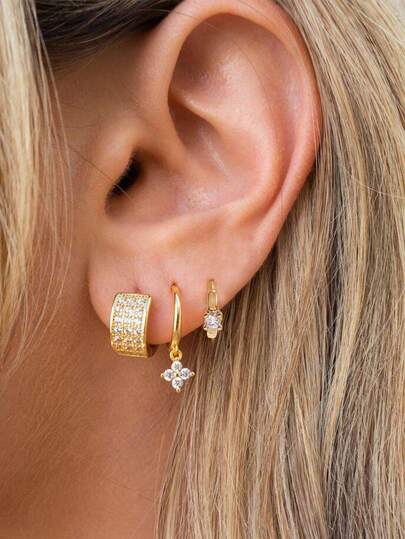 3件套优雅复古风女士耳环套装，铜镶嵌立方氧化锆宽面耳环及吊坠耳环，日常配饰