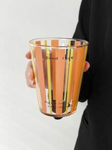 1pc INS Style Pink & White Striped "Good Luck" Blessing Glass Cup, Heat-Resistant Glass Cup For Home Breakfast, Milk, Oatmeal, Office Water Cup, Coffee Cup, Latte Art Cup, Juice Beverage Cup, Couple Water Cup, Holiday Gift - Multicolor - View 13