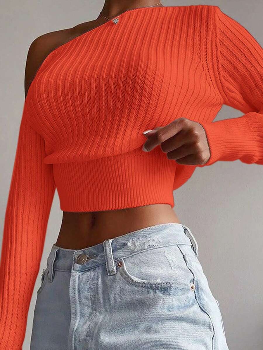 Sweater Rajut Kasual Seksi Wanita Model Bahu Terbuka, Musim Semi/Musim Gugur/Musim Dingin - Jeruk - View 1