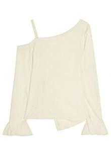 Women's Casual Vacation Style Asymmetrical Collar Flare Sleeve Drawstring Ruched Cropped T-Shirt, Spring/Summer - Apricot - View 4