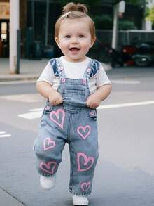 1pc Baby Girls' Outdoor Casual Party Gift Denim Print Washed Slim Fit Jumpsuit Regular Length Pants, Spring/Autumn - Blue - View 6